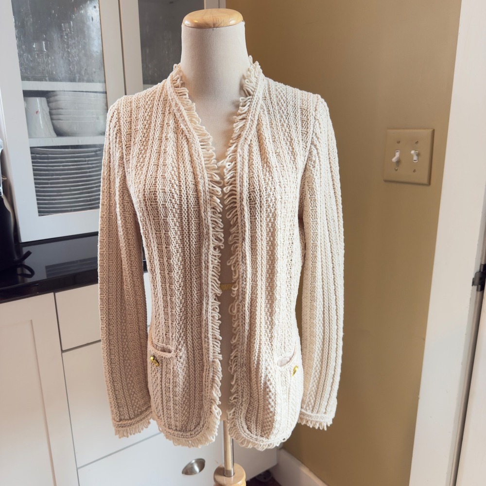 J.Crew Re-Imagined Cream Fringe Textured Knit Lady Jacket Cardigan BS975 Medium